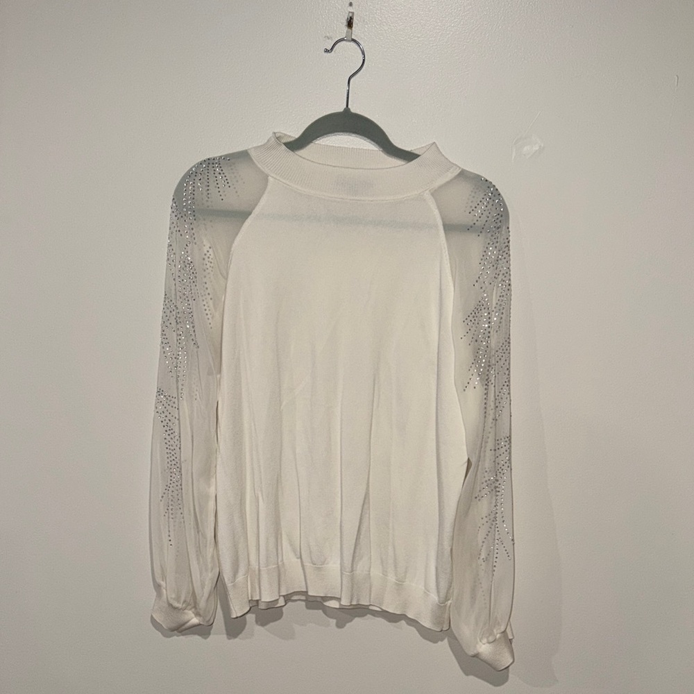 White Blouse with Sheer Gemstone Sleeve Detail